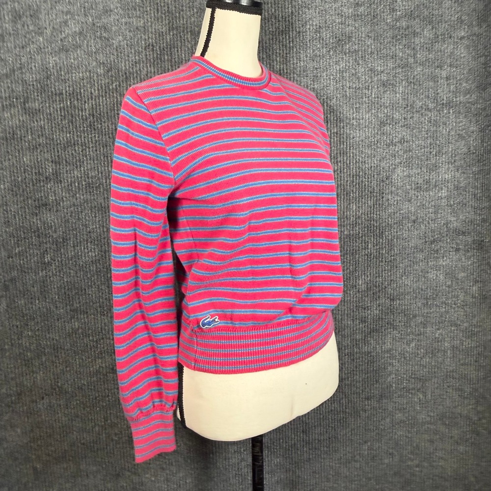 Vintage 80s IZOD Lacoste Sweater Womens S Pink Striped Croc Crew Preppy Iconic